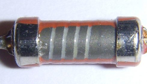 Carbon film resistor with exposed film.