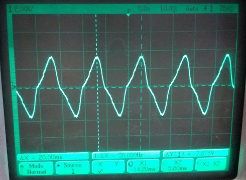 The crappy waveform from the Pulse Electronics BV 020-5427.0 230 V to 18 V AC transformer.